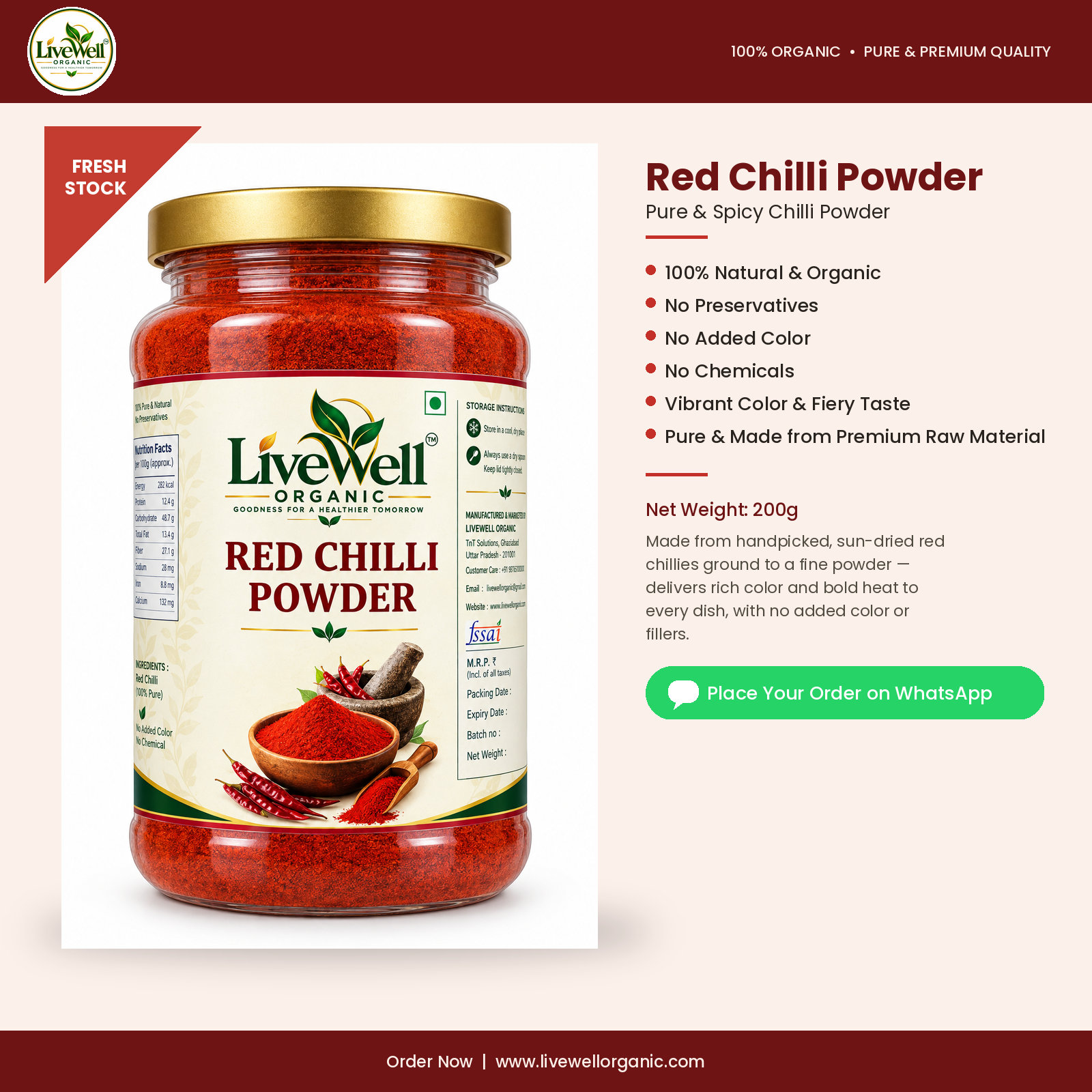 LiveWell Organic Red Chilli Powder — 200 g